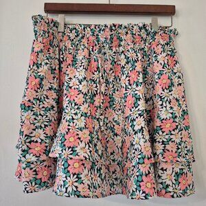Women XL Boho Tiered Mini Skort Floral Shabby Chic Ruffle Bloomcore Daisy 70s
